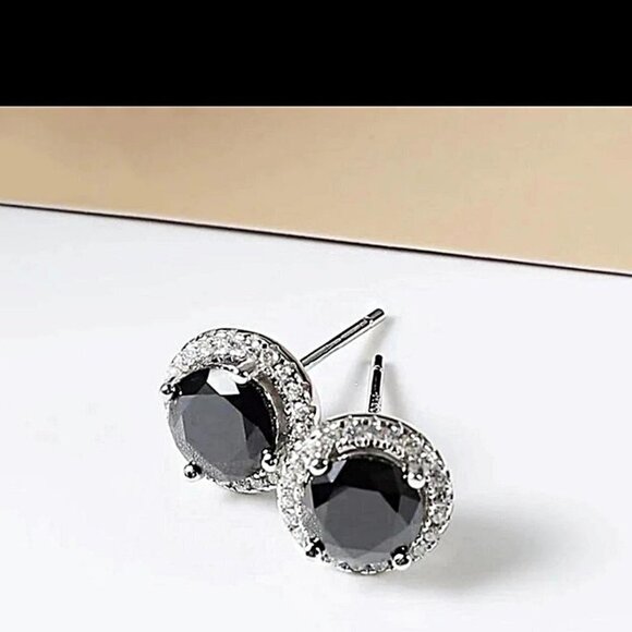 Rose Cut Black Simulated Diamond 14kt Sterling Silver Rhodium Halo Stud Earrings - Picture 1 of 4